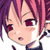 Pixelated anime-style character face with pink and purple hair, red eyes, and a slightly open mouth showing teeth.