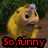 Pixelated cartoon character with yellow fur and blue gem on head, two versions side-by-side showing text changes from 'So funny' to 'Katie'.