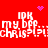 Red background with white pixelated text repeating 'IDK my bff chris?!?chris?!?' and purple heart/particle animations.