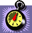 Animated pocket watch with red second hand moving clockwise across yellow face, green brain-shaped section, black border, purple starburst background, and white motion blur on right side.