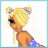 Animated pixel art of a blonde woman in blue star-patterned outfit performing a dance sequence with text "Shake it up and down" on purple
