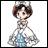 Pixelated anime-style character icon with black background text, split into two sections showing a character on white and stylized text on black.