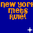 Blue background with orange text repeating 'new york mets rule!' in three , white star-like shapes scattered across the image