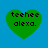 Four green heart-shaped icons with black text "teehee alexa." on a blue background, arranged in two of two