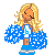 Pixel art cheerleader icon with blue pom-poms, blonde hair, and text reading 'cheer on days that end in y' against white background.