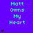 Pixelated text 'Matt Owns My Heart' in cyan on purple background with animated heart icons appearing and disappearing.