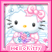 Hello Kitty character with pink bow, holding blue and purple flower bouquet in light blue background with pink border.