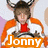A pixelated image of a person wearing an orange and white jacket with red shirt, brown hair, and large horn-like headgear holding a small animal, next to text reading "Look Jonny your in my icon" on yellow background.