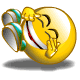 Animated yellow emoji with closed eyes and red mouth opening, wearing green-and-silver wristbands, performing a rolling motion against gray background.