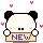 A 4-frame pixel art animation of a panda holding a sign with the word "NEW" in different colors, surrounded by floating pink hearts on a gray background.
