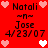 Red background with pixelated text and heart symbols; two identical sections display 'Natali', 'Jose', '4/23/07' flanked by pink hearts, with white hearts in the center.