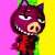 Pixelated character with purple pig-like head, green hair, and red outfit against pink and yellow background.