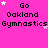 A static image with a bright pink background displays repeated text "Go Oakland Gymnastics" in black pixelated font, accompanied by white and light pink stars.