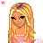 Pixel art buddy icon featuring a blonde female character with blue eyes and pink clothing, surrounded by purple stars and text fragments on a white background.