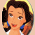 Pixelated cartoon-style portrait of a woman with brown hair, blue earrings, and a white top against a light beige background.