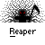 Pixelated static icon of a black reaper figure with red eyes holding a scythe, set against a gray background with pixel-dissolve effects and the word "Reaper" in blocky text below.
