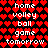 Pixelated red heart pattern background with white text reading home, volley, ball, game, tomorrow arranged in two vertical