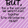 Static pixel art icon with purple background and diagonal white stripes containing black text about heartbreak.