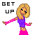 Pixel art of a blonde woman in purple top and pink pants with arms extended, text 'GET UP' left and 'DANCE' right.