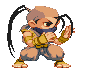 Pixel art character with light brown skin, blue bandana, and yellow wristbands in a fighting stance