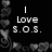 Black background with white pixelated text reading "I Love S.O.S." and a vertical line above the 'I', surrounded by grayscale heart-shaped icons.