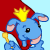 Animated contact sheet of a blue cartoon donkey mascot wearing a yellow crown and red cape, holding a golden scepter against light blue background with gray transparency area.