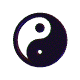 A circular yin-yang symbol with black and white halves, small dots, and a pixelated texture on a gray background.