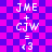 Pixelated text displays 'JME + CJW = <3' on a purple and pink checkered background with no visible animation changes.