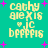 Pixelated yellow text on teal background with pink stars, showing four identical of 'cathy alexis JC bffppis' in a