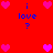Red background with blue text 'i love ?' and pink heart icons arranged in a pattern