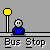 Pixelated animation of two blue-shirted figures at a bus stop with yellow streetlights, showing sequential text bubbles and pose changes.