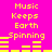 Yellow pixelated text and audio waveforms on a bright pink background, with two identical static frames showing "Music Keeps Earth Spinning" and waveform variations.