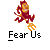 A static contact sheet of a pixel art buddy icon featuring a red and yellow cartoon character with orange feet, displayed above the text "Fear Us" on a gray background, alongside promotional text for badassbuddy.com.