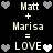 Pixelated text and heart symbols arranged in two side-by-side equations on a black background, with hearts changing color between frames.