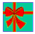 Pixelated gift box with red bow and ribbon on teal background, transitioning to purple variant with green leaf accents.