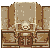 Pixel art of a skull resting on an ornate stone mantelpiece beneath a crumbling wall with scattered debris.