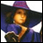 A pixelated anime-style character in a purple hat and blue robe with white accents, next to stylized text on a black background.