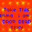 Static image with red background and yellow sparkles, displaying blue text repeating 'Take This', 'Emma i am.', 'DROP DEAD', and 'SEXY' in two