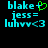 Two side-by-side pixelated text displays on black background, left with green heart symbol, right without, both showing 'blake+', 'jess=', 'luhvyc<3' in cyan.