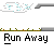 Pixelated animation of a character in cyan clothing holding a red apple, running left to right across gray background with white clouds and brown grass.