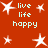 Red background with white star shapes and light blue text reading 'live life happy' in multiple positions.