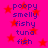 A static image with a bright pink background and red stars, displaying repeated text in blue: 'poopy', 'smelly', 'fishy', 'tuna', 'fish' arranged vertically.