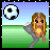 A pixelated animated buddy icon featuring a cartoon girl kicking a soccer ball on a grassy field with text overlays in yellow and green pixel font.