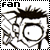 Pixelated black-and-white icon with 'fan' text at top, featuring a stylized character with spiky hair and abstract shapes surrounding the head.
