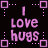 Pixelated text 'Love hugs' in pink on black background with purple square and dot borders, animated to shift horizontally.