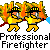 Two pixelated firefighters in yellow uniforms with black helmets stand side-by-side against a gray background, flames behind them and text below.