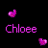 Pixelated heart-shaped icons in multiple colors appear above and below the name 'Chloee' on a black background.