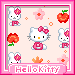 Pixel art animation of Hello Kitty and rabbits with flowers, apples, and stars in a pink frame.