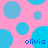 Pixelated pattern of blue circles on pink background with repeated lowercase text "olivia" in blue.