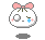 Pixel art character with pink bow, white face, and blue tear; four variations show eye/wink/tear position changes.